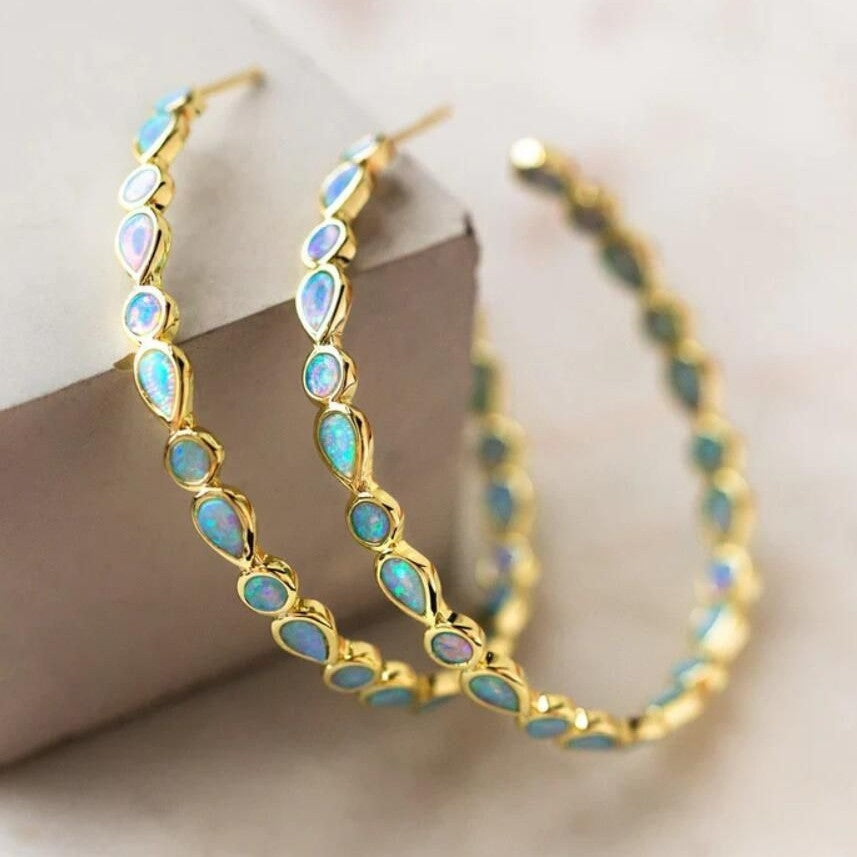 VINTAGE BLUE AND OPAL GOLDEN HOOP EARRINGS