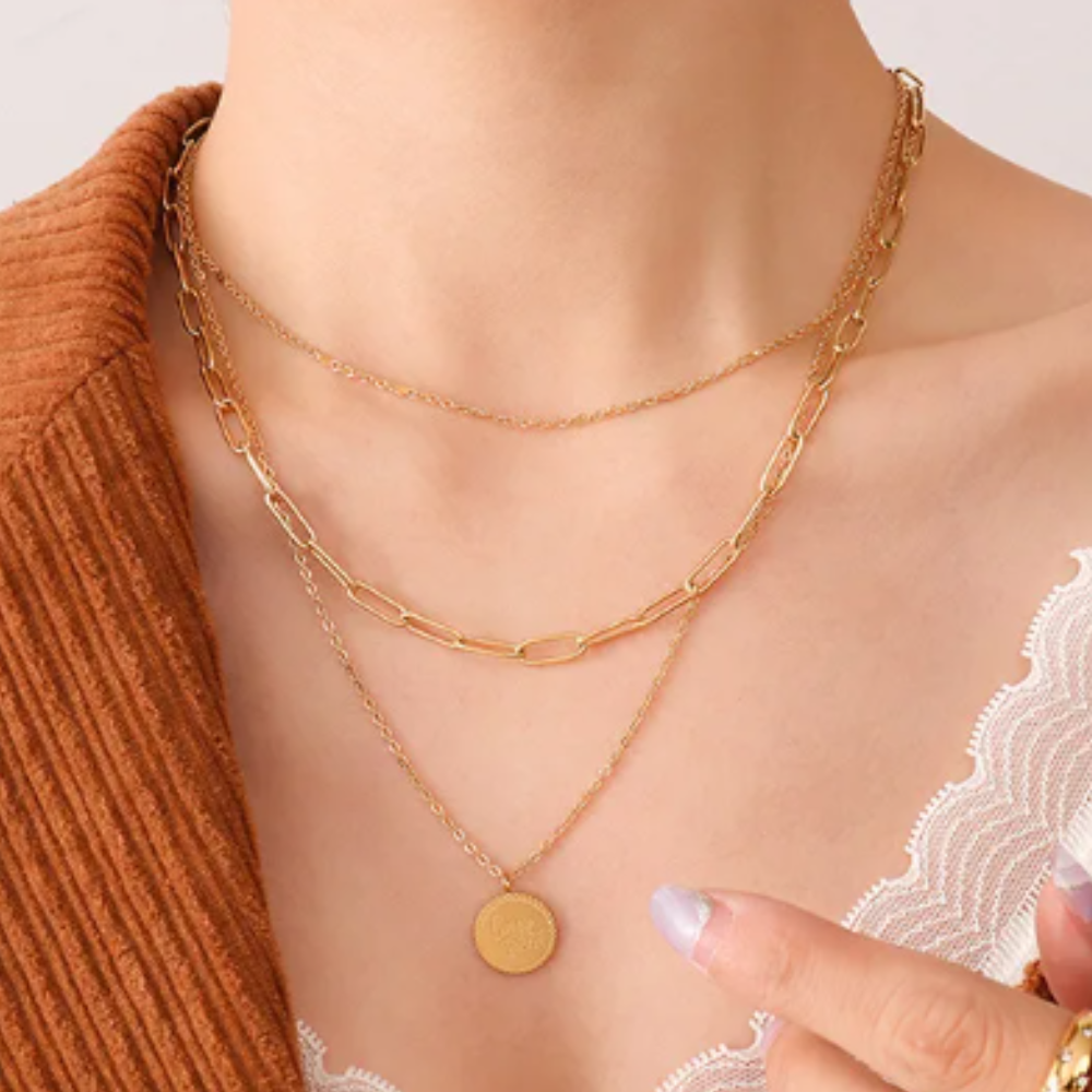 Gold clavicle coin layered necklace with dainty chains, minimalist fashion jewelry for women—perfect for everyday wear or as a gift.