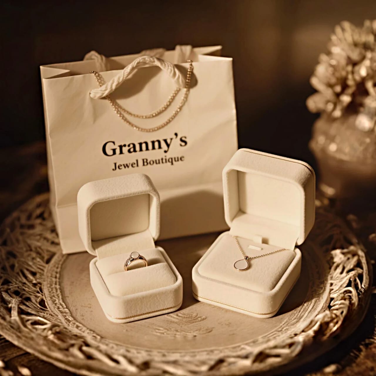 Jewelry boxes with rings and necklaces on a decorative plate with 'Granny's Jewel Boutique' bag in the background.