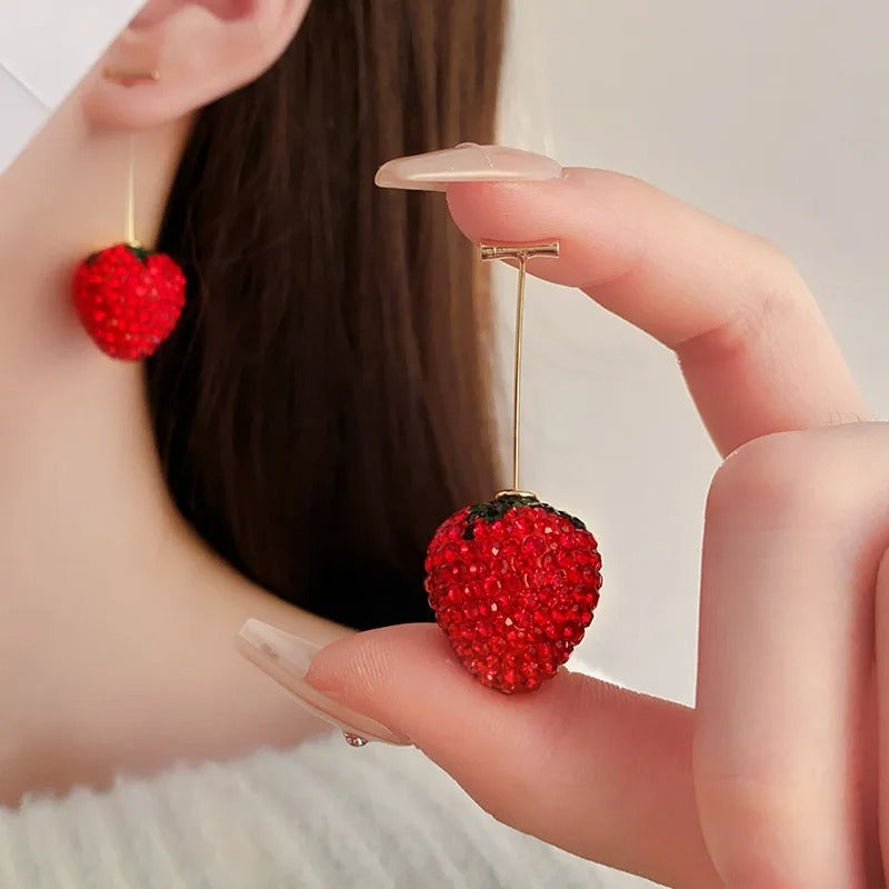 "Timeless red strawberry earrings with sparkling zirconia accents, cute fruit-inspired jewelry perfect for women, gifts, and everyday fashion."