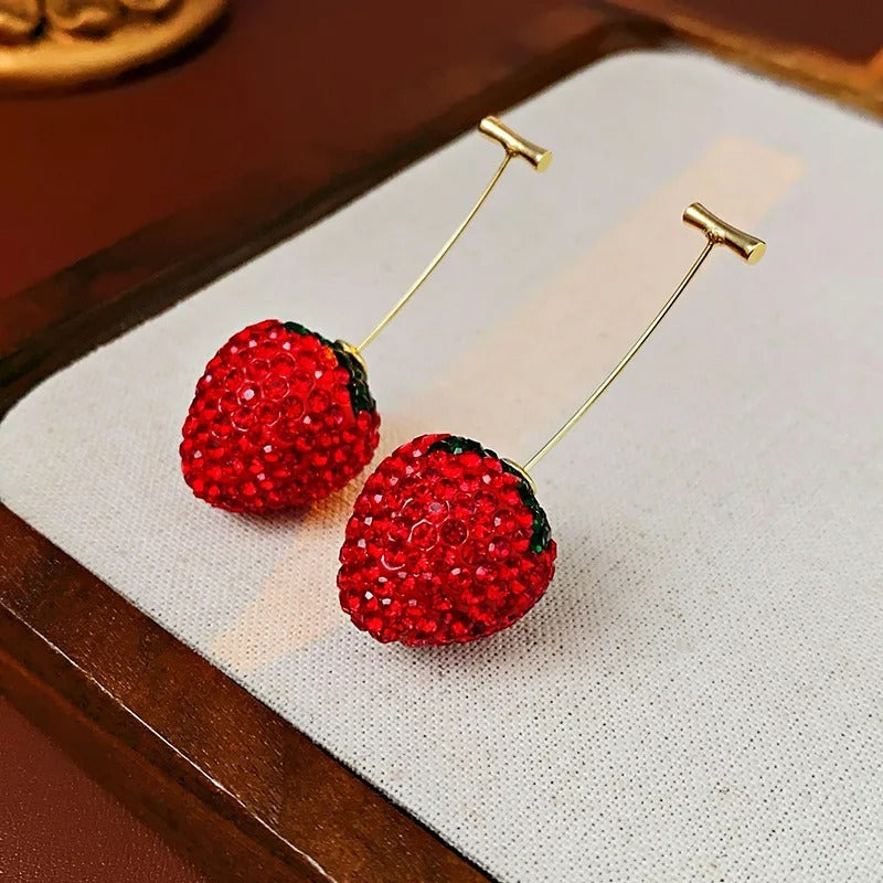 "Timeless red strawberry earrings with sparkling zirconia accents, cute fruit-inspired jewelry perfect for women, gifts, and everyday fashion."