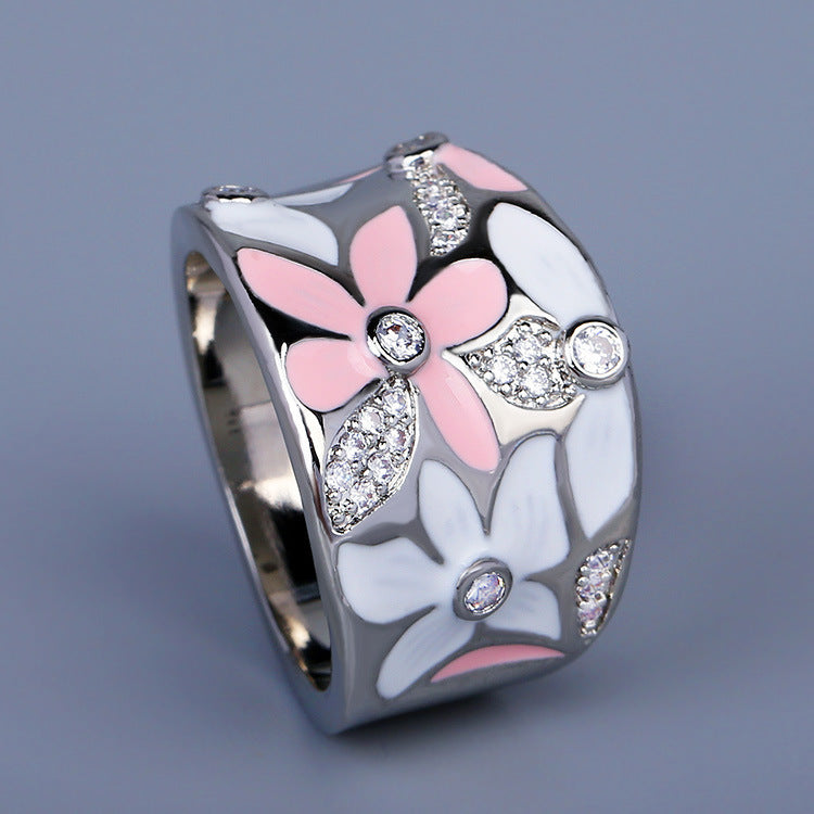 VINTAGE ENAMEL FLOWER ZIRCONIA RING