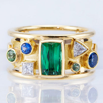 GOLD INLAID COLOURFUL CRYSTALS RING