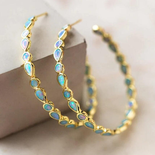 VINTAGE BLUE AND OPAL GOLDEN HOOP EARRINGS