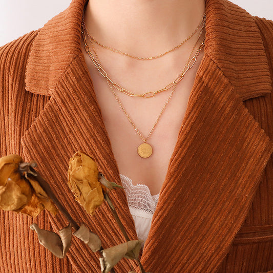 Gold clavicle coin layered necklace with dainty chains, minimalist fashion jewelry for women—perfect for everyday wear or as a gift.