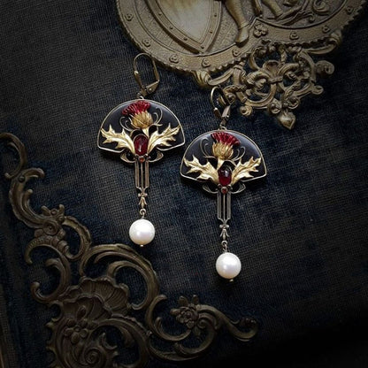 BOHO EARRINGS WITH PEARLS AND RED CRYSTAL