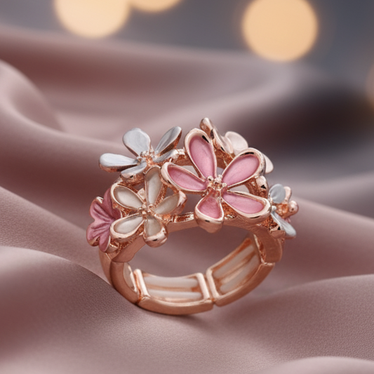 "Adjustable flower cluster elastic alloy ring with vintage floral design – stylish women’s statement jewelry."