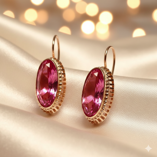 "Trendy red gem keel earrings with bold gemstone centerpiece, elegant statement drop jewelry for women, perfect for parties, gifts, and special occasions."
