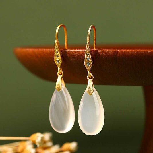 Granny's Jewel - Simple white jade teardrop earrings—minimalist water drop design, lightweight and elegant for everyday wear.